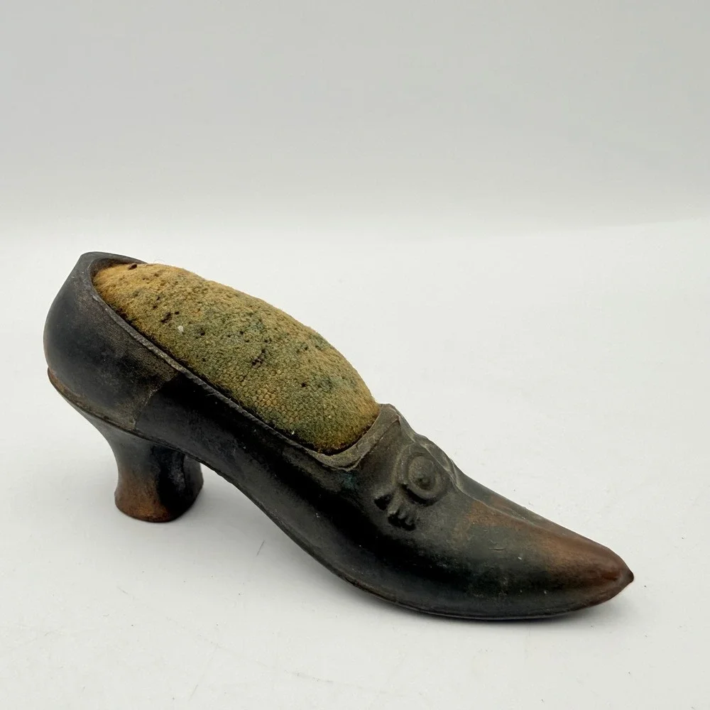 Antique Victorian Cast Metal Shoe Pin Cushion Miniature High Heel Sewing Tool